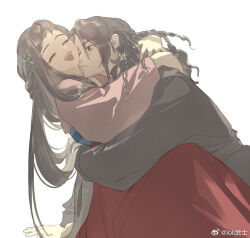  1boy 1girl arm_around_back arms_around_neck artist_name blunt_bangs braid brown_hair butterfly_hair_ornament closed_eyes couple crescent crescent_earrings earrings grey_shirt hair_ornament hand_in_another&#039;s_hair hetero hug japanese_clothes jewelry laughing light_blush loli_bushi long_hair long_sleeves looking_at_another multiple_braids open_mouth original parted_bangs pink_shirt red_skirt shirt skirt smile upper_body white_background 