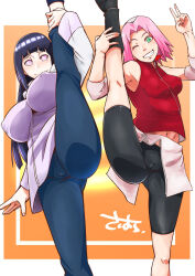  2girls ass bare_shoulders black_hair black_shorts breasts cameltoe cleft_of_venus closed_mouth covered_erect_nipples elbow_pads female_focus green_eyes grin haruno_sakura huge_breasts hyuuga_hinata japanese_text large_breasts leg_up long_hair long_shorts medium_breasts multiple_girls naruto_(series) naruto_shippuuden nipples nipples_visible_through_shirt one_eye_closed pink_hair purple_eyes pussy short_hair shorts small_breasts smile source_request sunahara_wataru text_focus translation_request 