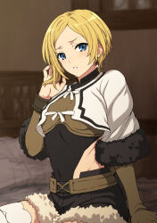  1girl asymmetrical_hair belt black_leotard blonde_hair blue_eyes breasts crop_top earrings fur-trimmed_shorts fur-trimmed_sleeves fur_trim gloves highres indoors isse jewelry leotard leotard_under_clothes long_sleeves looking_at_viewer mushoku_tensei parted_lips sara_(mushoku_tensei) short_shorts shorts single_glove sitting small_breasts solo thighhighs white_thighhighs 