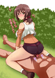  10s 1boy 1girl ass bare_shoulders belt blush boots bouncing breasts brown_eyes brown_hair buttjob cardfight!!_vanguard censored choker clothed_female_nude_male collar full-face_blush gabao_(mattari_2019) grinding hetero huge_breasts looking_back midriff nude penis ponytail reverse_cowgirl_position sex sex_from_behind short_hair short_shorts shorts sideboob straddling tank_top thigh_sex usui_yuri 