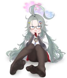  1girl absurdres ass2 bangs_pinned_back black_pantyhose blue_archive blue_eyes blue_halo dress feet full_body glasses green_hair halo hands_on_own_cheeks hands_on_own_face highres knees_up long_hair long_sleeves looking_at_viewer meru_(blue_archive) no_shoes open_mouth pantyhose pink_halo simple_background sitting smile solo very_long_hair white_background white_dress 