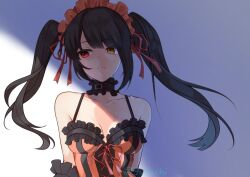  1girl absurdres bare_shoulders black_hair breasts cleavage clock clock_eyes date_a_live dress gothic_lolita hairband heterochromia highres lolita_fashion lolita_hairband long_hair medium_breasts red_eyes ribbon roman_numeral solo symbol-shaped_pupils tokisaki_kurumi twintails uneven_twintails yellow_eyes yukachiee 