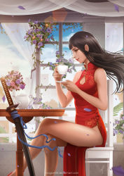  1girl artist_name bare_shoulders black_hair blunt_bangs brown_eyes china_dress chinese_clothes cleavage_cutout closed_mouth clothing_cutout crossed_legs cup curtains day deviantart_username dress flower from_side holding holding_cup indoors katana lips long_hair long_legs magion02 making-of_available microdress no_panties nose original plant profile realistic red_dress rose signature sitting smile solo sword table teacup teapot thighs upper_body vase watermark weapon web_address window  rating:Sensitive score:46 user:danbooru