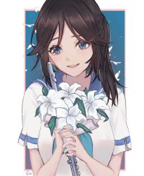  1girl artist_name black_hair blouse blue_eyes blush breasts commentary english_commentary flower flute gin_(gin_moncha) holding holding_flower holding_instrument instrument looking_at_viewer medium_breasts original parted_bangs sailor_collar school_uniform serafuku shirt smile sodafunk solo white_flower white_shirt 