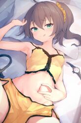  1girl :q absurdres aqua_eyes armpits asktyuni brown_hair camisole dolphin_shorts highres hololive looking_at_viewer lying midriff natsuiro_matsuri natsuiro_matsuri_(matsuri&#039;s_day_off) navel on_back pillow shorts side_ponytail solo spread_navel stomach tongue tongue_out virtual_youtuber watch wristwatch  rating:Sensitive score:66 user:danbooru