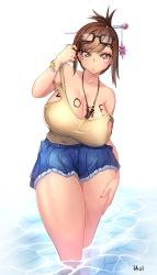 1girl :o bad_id bad_pixiv_id bare_shoulders blue_nails blue_skirt body_writing bracelet breasts brown_eyes brown_hair cleavage collarbone covered_erect_nipples hair_bun hair_ornament hair_stick twirling_hair hand_on_leg hand_up harry_(dudwofla) highres huge_breasts jewelry looking_at_viewer mei_(overwatch) nail_polish necklace off_shoulder open_mouth overwatch overwatch_1 partially_submerged shirt short_hair sidelocks single_hair_bun skirt sleeveless sleeveless_shirt snowflake_hair_ornament solo standing strap_slip swept_bangs thick_thighs thighs wading water rating:Sensitive score:69 user:danbooru