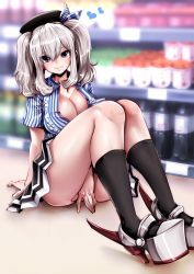 10s 1girl arm_support between_legs blue_eyes breasts cleavage covering_crotch covering_privates employee_uniform hand_between_legs highres indoors kantai_collection kashima_(kancolle) large_breasts lawson legs_together long_hair looking_at_viewer miniskirt on_floor shirt short_sleeves silver_hair sitting skirt smile solo souryu striped_clothes striped_shirt twintails uniform vertical_stripes rating:Questionable score:31 user:surveyork