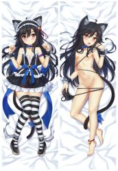 1girl ahoge animal_ears bandaid bandaid_on_pussy bandaids_on_nipples bare_shoulders barefoot bell black_hair blush breasts cat_ears cat_tail choker collarbone controller dakimakura_(medium) fang feet game_controller hairband highres jingle_bell loli lolita_hairband long_hair looking_at_viewer lying multiple_views navel on_back open_mouth original pasties red_eyes small_breasts striped_clothes striped_thighhighs tail thighhighs toes tonee wire wrist_cuffs zettai_ryouiki rating:Questionable score:78 user:danbooru