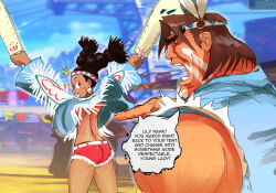  ^^^ back belt black_hair brown_eyes brown_hair capcom clothes_lift club_(weapon) dark-skinned_female dark_skin dimples_of_venus dual_wielding earrings english_text facepaint father_and_daughter feathers feet_out_of_frame gluteal_fold hair_tie headband highres holding holding_club holding_weapon jacket jacket_lift jewelry lily_hawk long_sleeves looking_at_another looking_back multicolored_hair native_american no_bra open_mouth pink_shorts shorts shoulder_blades sleeveless sleeveless_jacket speech_bubble standing street_fighter street_fighter_6 sweatdrop teeth thighs thunder_hawk two-tone_hair weapon  rating:Sensitive score:50 user:ninjacaf