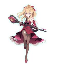  1girl bare_shoulders black_gloves blonde_hair blush bow breasts closed_mouth cosplay detached_sleeves dress full_body game_cg gloves hair_between_eyes haoni holding holding_wand holding_weapon leg_up little_witch_nobeta long_hair looking_at_viewer nobeta non-web_source official_art pantyhose ponytail red_dress red_eyes red_footwear red_sleeves sidelocks simple_background small_breasts solo standing standing_on_one_leg transparent_background vanessa_(little_witch_nobeta) vanessa_(little_witch_nobeta)_(cosplay) wand weapon 