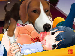  1boy 1girl animal_penis bestiality blouse blue_eyes blue_hair blush bottomless breasts censored couch covered_erect_nipples cum dog dog_penis folded happy_sex hetero huge_breasts kiss knotted_penis large_breasts legs_up looking_at_viewer machino_henmaru missionary nipples no_panties open_clothes open_shirt penis pussy saliva sex shirt socks solo_focus sweat tongue vaginal  rating:Explicit score:162 user:danbooru
