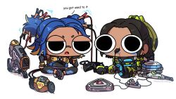  2girls annoyed apex_legends artist_name black_hair blonde_hair blue_hair cable cartoonized chibi commentary conduit_(apex_legends) country_connection crossed_legs crossover d.o.c._health_drone dark-skinned_female dark_skin english_commentary freckles hack_(apex_legends) hair_behind_ear highres jumper_cable lightning_bolt_symbol miyan_(oceanmaiden) multicolored_hair multiple_girls neon_(valorant) non-humanoid_robot philippines power_cord robot shadow sitting streaked_hair toon_(style) two_side_up valorant white_background 