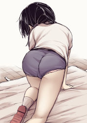  1girl all_fours ass ass_focus black_hair buruma crawling female_focus from_behind gym_uniform highres loli low_twintails original panties panty_peek shoes socks solo striped_clothes striped_panties tekin twintails underwear  rating:Questionable score:189 user:Dweenie