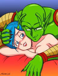 after_vaginal aftersex blue_hair bulma cheating_(relationship) colored_skin completely_nude dragon_ball dragon_ball_super female_pervert female_sub green_skin hetero nude pervert piccolo sex sex_from_behind short_hair smile submission