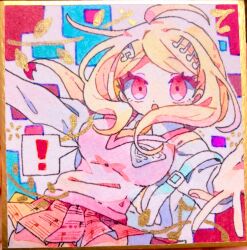 ! 1girl :o abstract_background ahoge akamatsu_kaede backpack bad_id bad_twitter_id bag belt_buckle blonde_hair breasts buckle collared_shirt colored_eyelashes commentary cowboy_shot crest danganronpa_(series) danganronpa_v3:_killing_harmony fingernails fortissimo hair_ornament highres large_breasts long_hair long_sleeves looking_at_viewer marker_(medium) microskirt musical_note musical_note_hair_ornament musical_note_print necktie open_mouth orange_necktie osshouri55 outstretched_arms photo_(medium) pink_eyes pink_nails pink_skirt pink_vest pleated_skirt shirt skirt solo spoken_exclamation_mark thighs traditional_media v-neck vest white_background white_bag white_shirt white_sleeves