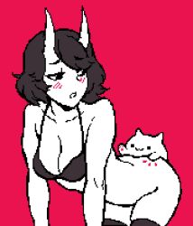  1girl :3 all_fours animal arched_back blush bongo_cat bottomless bra breasts cat cleavage collarbone horns large_breasts looking_back meme oni_horns open_mouth original pixel_art red_background short_hair simple_background sneakveek solo spanking teeth thighhighs underwear 