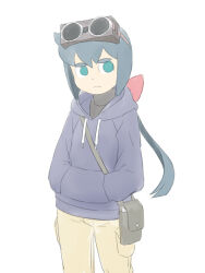  1girl aqua_eyes bag black_bag black_sweater blue_hair bow brown_pants commentary constanze_amalie_von_braunschbank-albrechtsberger goggles goggles_on_head hair_bow hands_in_pockets hood hoodie little_witch_academia long_hair looking_at_viewer pants purple_hoodie red_bow satochi shoulder_bag simple_background solo standing sweater thick_eyebrows turtleneck turtleneck_sweater white_background 