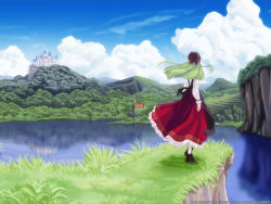  00s arms_at_sides back bandana black_bandana c.c. castle cliff code_geass day dress green_hair highres long_hair outdoors pantyhose plant reflection scenery solo standing wallpaper white_pantyhose  rating:Sensitive score:7 user:danbooru