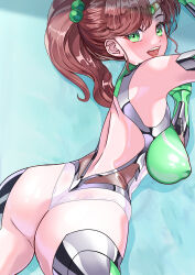  1girl absurdres arion_canvas ass back backless_outfit bare_back bare_shoulders bishoujo_senshi_sailor_moon bodysuit breasts brown_hair covered_erect_nipples green_eyes highres kino_makoto large_breasts long_hair looking_at_viewer looking_back open_mouth ponytail sailor_jupiter smile solo taimanin_(series) taimanin_suit 
