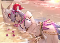  1girl armlet artist_name beach bikini breasts cleavage collarbone commentary curled_horns english_commentary fire_emblem fire_emblem_heroes flower flower_necklace freyja_(fire_emblem) goat_horns grey_hair hair_between_eyes hair_flower hair_ornament highres horns in_water inflatable_toy jewelry large_breasts lips long_hair looking_at_viewer lying navel necklace nintendo official_alternate_costume outdoors parted_lips patreon_username pelvic_curtain pink_flower pink_lips purple_flower red_eyes red_horns sand signature solo stuffed_animal stuffed_toy sunlight swimsuit teeth thighs thorns vialnite water wet wet_hair white_bikini white_flower  rating:Sensitive score:43 user:danbooru
