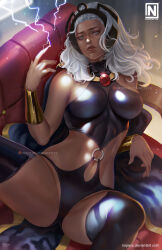  1girl artist_logo artist_name black_cape black_footwear boots breasts cape couch dark-skinned_female dark_skin deviantart_username electricity gold_bracelet grey_eyes highres large_breasts long_hair looking_at_viewer lying marvel navel nopeys on_back on_couch ororo_munroe patreon_logo patreon_username solo sparks spread_legs storm_(x-men) thigh_boots watermark web_address white_hair x-men 