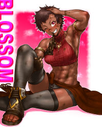  1girl abs armlet armpits asymmetrical_gloves black_footwear black_thighhighs blossom_(lv2_cheat) blush boro brown_gloves brown_hair character_name crop_top dark-skinned_female dark_skin denim denim_shorts dirty dirty_clothes dirty_face dirty_feet full-face_blush glove_in_mouth gloves grabbing_own_thigh hand_in_own_hair highres jewelry knee_up lv2_kara_cheat_datta_moto_yuusha_kouho_no_mattari_isekai_life mouth_hold muscular muscular_female necklace one_eye_closed open_mouth pink_eyes sandals short_hair short_shorts shorts simple_background sitting smile solo sweat teeth thighhighs toes toned_female unworn_gloves 