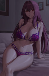  1girl bare_shoulders bed bikini bracelet breasts cleavage collarbone fate/grand_order fate_(series) hair_between_eyes highres jewelry large_breasts long_hair looking_at_viewer navel on_bed parted_lips pillow purple_bikini purple_hair red_eyes scathach_(fate) scathach_(fate/grand_order) scathach_(swimsuit_assassin)_(fate) sidelocks sitting solo swimsuit thighs zaphn  rating:Sensitive score:105 user:danbooru
