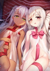 2girls babydoll belt blush breasts chloe_von_einzbern collar commentary_request dark-skinned_female dark_skin fate/kaleid_liner_prisma_illya fate_(series) holding_hands illyasviel_von_einzbern loli long_hair looking_at_viewer lying multiple_girls o-ring on_back one_side_up open_mouth pink_hair pink_ribbon red_belt red_eyes revision ribbon small_breasts smile thighs white_hair yan_(nicknikg) yellow_eyes rating:Questionable score:101 user:danbooru