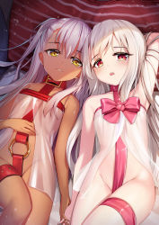 2girls babydoll belt blush breasts chloe_von_einzbern collar commentary_request dark-skinned_female dark_skin fate/kaleid_liner_prisma_illya fate_(series) holding_hands illyasviel_von_einzbern loli long_hair looking_at_viewer lying multiple_girls o-ring on_back one_side_up open_mouth pink_hair pink_ribbon red_belt red_eyes revision ribbon small_breasts smile thighs white_hair yan_(nicknikg) yellow_eyes rating:Questionable score:107 user:danbooru