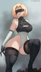  1girl 2b_(nier:automata) 2b_(nier:automata)_(cosplay) android_18 black_gloves black_thighhighs blindfold blonde_hair breasts commentary cosplay dragon_ball dragonball_z earrings elbow_gloves gloves groin highres hioyami jewelry large_breasts nier:automata nier_(series) parted_lips patreon_username short_hair solo thick_thighs thighhighs thighs  rating:Questionable score:28 user:danbooru