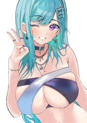 1girl absurdres aqua_hair bikini black_collar breasts collar commentary cross-laced_bikini cross-laced_clothes earrings grin hair_ornament hairclip highres jewelry large_breasts long_hair looking_at_viewer middle_w mismatched_earrings mole mole_on_breast multicolored_bikini multicolored_clothes nail_polish nakano_kura necklace one_eye_closed purple_eyes purple_nails ring simple_background skindentation smile solo strapless strapless_bikini swept_bangs swimsuit triangle_earrings two-tone_bikini upper_body very_long_hair virtual_youtuber vspo! w wet white_background x_hair_ornament yakumo_beni yakumo_beni_(3rd_anniversary)