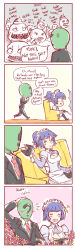  1boy 1girl 4chan 4koma ? anger_vein anonymous_(4chan) b_(4chan) blue_eyes blue_hair blush breasts cleavage comic couch english_text flower highres jp_(4chan) maid maid_headdress medium_breasts meido_(4chan) playing_games poop profanity video_game  rating:Sensitive score:11 user:danbooru