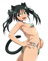 1girl animal_ears ass bikini blush breasts cat_ears cat_tail fang francesca_lucchini green_eyes green_hair hair_ribbon long_hair looking_at_viewer nanashino open_mouth ribbon side-tie_bikini_bottom simple_background small_breasts smile solo strike_witches striped_bikini striped_clothes swimsuit tail twintails white_background world_witches_series 