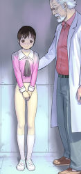 1boy 1girl age_difference bottomless clothed_male_nude_female covering_crotch covering_privates examination hanainu_(orange_bullet) highres loli medical_examination nude older_man shoes short_hair shy sneakers socks source_request rating:Explicit score:121 user:liiiiiiiiii