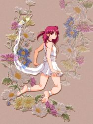 1girl ankleband anklet barefoot breasts dress feet flower inu_(sa-hara) jewelry kneeling looking_back magi_the_labyrinth_of_magic morgiana red_eyes red_hair sideboob small_breasts soles solo white_dress rating:Sensitive score:16 user:danbooru