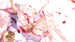  1girl absurdres arm_up bow bra branch breasts bubianbing cherry_blossoms chinese_commentary closed_eyes closed_mouth commentary_request crystal expressionless feet_out_of_frame flower hair_flower hair_ornament highres japanese_clothes kimono knees_up lipstick long_sleeves loose_hair_strand makeup multicolored_hair onmyoji parted_lips petals pink_bow pink_flower pink_lips red_hair shiki_(onmyoji) short_kimono simple_background single_bare_shoulder sitting small_breasts solo streaked_hair teeth underwear weibo_watermark white_background white_bra white_hair white_kimono wide_sleeves 