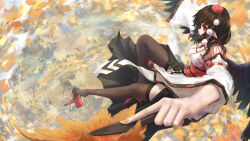  absurdres autumn_leaves bird_wings black_kimono black_thighhighs black_wings breasts bug commentary_request detached_sleeves falling_leaves fasnakegod feathered_wings fingernails fly geta hat highres insect japanese_clothes kimono kourindou_tengu_costume leaf legs long_sleeves medium_breasts pelvic_curtain pointy_ears pom_pom_(clothes) red_eyes red_footwear red_hat red_sash ribbon-trimmed_sleeves ribbon_trim sash shameimaru_aya short_hair side_slit tengu-geta thighhighs tokin_hat touhou white_kimono wide_sleeves wings 