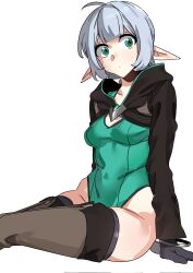  1girl ahoge arm_support boots breasts corrupted_twitter_file elf green_eyes grey_hair heemin highres hooded_shrug leotard medium_breasts no_man&#039;s_land original pointy_ears short_hair simple_background thigh_boots vanilla_(no_man&#039;s_land) white_background 