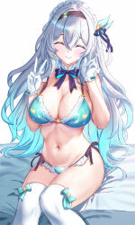  1girl ^_^ alternate_costume aqua_bikini aqua_bow aqua_hair bare_arms bikini black_hairband blue_bow blue_bowtie blush bow bowtie breasts cleavage closed_eyes commentary_request detached_collar double_v earrings facing_viewer feet_out_of_frame firefly_(honkai:_star_rail) frilled_bikini frills gradient_hair grey_hair hair_between_eyes hairband hands_up has_bad_revision heart heart_earrings highres honkai:_star_rail honkai_(series) jewelry large_breasts long_hair maid_headdress md5_mismatch multicolored_hair navel resolution_mismatch simple_background single_earring sitting smile solo source_larger stomach swimsuit thighhighs thighs v very_long_hair white_background white_thighhighs zea_(zeamilky) 