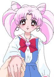  1girl bishoujo_senshi_sailor_moon blue_skirt blush bow chibi_usa cone_hair_bun hair_bun highres holding_hands jewelry looking_at_viewer moon_(ornament) open_mouth pen pink_hair reaching reaching_towards_viewer red_bow red_eyes school_uniform skirt star_ornament twintails 