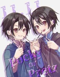 2boys :d ahoge black_hair blush brothers brown_eyes collared_shirt earrings english_text food grin highres holding holding_food holding_pocky hood hoodie jewelry kitsunemame long_sleeves male_focus mole mole_under_eye multiple_boys open_mouth original pocky pocky_day pretz shirt short_hair siblings smile twins 