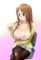 1girl black_pantyhose blush bra breasts brown_eyes brown_hair cleavage crossed_legs from_above glasses huge_breasts k-on! lace lace-trimmed_bra lace_trim large_breasts lingerie long_hair looking_up microskirt miniskirt open_mouth pantyhose pen pencil_skirt sitting skirt solo teacher thigh_gap thighs ueyama_michirou underwear upskirt yamanaka_sawako rating:Questionable score:87 user:danbooru
