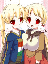 1boy 1girl ahoge alma_beoulve asymmetrical_docking blonde_hair blush bow breast_press breasts brother_and_sister cadd_kiriyama cape dress final_fantasy final_fantasy_tactics frown large_breasts moogle open_mouth ponytail ramza_beoulve red_eyes siblings smile rating:Sensitive score:20 user:BlueBaroness