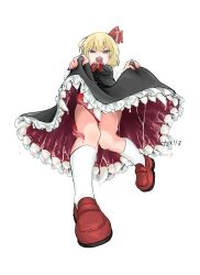  1girl :d black_dress blonde_hair clothes_lift commentary_request dress dress_lift extra_mouth extra_teeth from_below hair_ribbon highres loafers long_sleeves looking_at_viewer monster_girl namuru_(twitter) open_mouth red_eyes red_footwear ribbon rumia saliva sharp_teeth shoes short_hair smile socks solo teeth thighs tongue touhou white_socks 