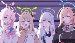  4girls :d :q ahoge akari_(blue_archive) backlighting black_gloves blazer blonde_hair blue_archive blue_eyes blue_necktie blue_sailor_collar blunt_bangs blurry bow bowtie bracelet braid breasts brown_hair coat collared_shirt commentary demon_girl demon_horns depth_of_field english_commentary finger_to_mouth gloves glowing_pupils green_eyes hair_between_eyes hair_bun half-closed_eyes halo hanako_(blue_archive) hand_on_own_cheek hand_on_own_face headgear highres horns indoors jacket jewelry lanyard large_breasts licking licking_finger long_hair long_sleeves looking_at_viewer multiple_girls necktie noa_(blue_archive) nonomi_(blue_archive) open_clothes open_coat open_jacket open_mouth pink_hair purple_eyes red_bow red_bowtie red_pupils reia_76 revision sailor_collar school_uniform serafuku shirt sidelocks single_braid single_side_bun smile tongue tongue_out upper_body white_coat white_hair white_jacket white_serafuku white_shirt yellow_jacket 