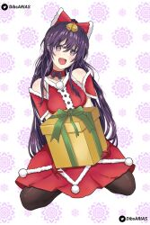  1girl christmas_present date_a_live gift highres purple_eyes purple_hair santa_costume solo yatogami_tooka 