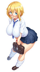 1girl ass bare_legs blonde_hair breasts cleavage curvy full_body hair_between_eyes highres huge_ass huge_breasts lilith-soft looking_at_viewer potion_(moudamepo) school_uniform shinohara_mari shiny_skin short_hair simple_background skirt smile solo taimanin_(series) taimanin_asagi taimanin_rpgx thick_thighs thighs white_background rating:Sensitive score:78 user:AnonJ