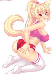 1girl animal_ear_fluff animal_ears ass ass_grab bare_shoulders blonde_hair blush breasts cat_ears cat_girl cat_tail come_hither deep_skin from_behind grabbing_own_ass highres large_breasts long_hair looking_at_viewer naughty_face nottytiffy open_mouth red_eyes shiny_skin short_shorts shorts sideboob simple_background smile solo sports_bra tail thighhighs tiffy_(nottytiffy) watermark web_address wedgie white_background white_thighhighs rating:Questionable score:37 user:armorcrystal