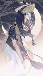  1girl animal_ears anklet arm_up back_bow barefoot black_hair black_skin blue_background blue_eyes blue_kimono bow colored_skin crescent_moon crying crying_with_eyes_open final_fantasy final_fantasy_xiv floating folding_fan from_side full_body gold_trim gradient_background hand_fan highres holding holding_fan holding_smoking_pipe japanese_clothes jewelry kimono kiseru legs looking_at_viewer mole mole_under_mouth moon multicolored_hair multicolored_skin obi rabbit_ears sash seigaiha shaynesun smoking_pipe solo split-color_hair tears tsukuyomi_(ff14) two-tone_hair two-tone_skin weibo_logo weibo_watermark white_hair wide_sleeves yellow_collar 