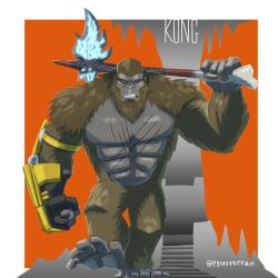 abs ape artist_name axe b.e.a.s.t._glove battle_axe bone bone_axe bone_weapon burning_axe cave character_name crossover electroshock_weapon english_text fang flaming_weapon gauntlets giant giant_monster glowing glowing_axe glowing_weapon godzilla_(series) godzilla_x_kong:_the_new_empire gorilla kaijuu king_kong king_kong&#039;s_battle_axe king_kong_(series) legendary_pictures looking_at_viewer monster monsterverse muscular no_humans open_mouth orange_background pectorals pyrasterran rock scar scar_across_eye scar_on_chest scar_on_face scar_on_stomach sharp_teeth signature simple_background stairs stalactite stalagmite teeth throne throne_room two-tone_background underground weapon white_background yellow_eyes